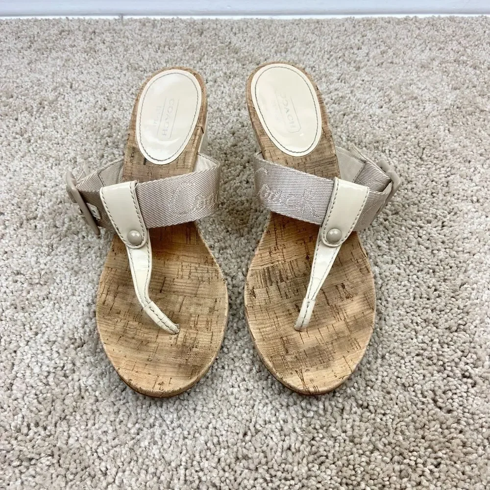 Coach Bernadette Patent T Leather Strap Cork Wedge